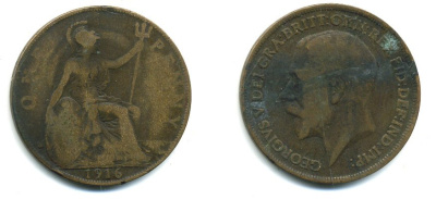 Великобритания 1 пенни 1916 Георг V (1910-1936) КМ 810, Spink 4051 бронза 41-116