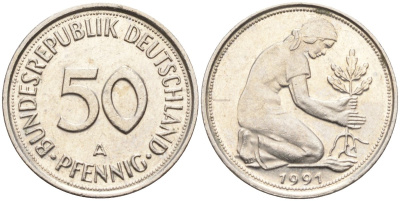 ФРГ 50 пфеннигов 1991 A KM 109, J. 384 медно-никель 4132-1213