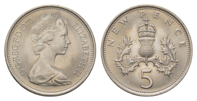 Великобритания 5 пенсов 1970 Елизавета II (1952-2022) KM 911, Spink 4233 (D1) медно-никель UNC 4628-816