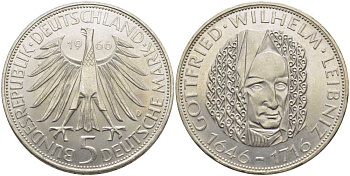 ФРГ 5 марок 1966 D, 250 лет со дня смерти Готфрида Вильгельма Лейбница J. 394, KM 119.1 серебро 1087-8-45