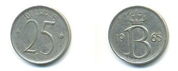 Бельгия 25 сантимов 1965 Belgique, Бодуэн I (1951-1993) KM 153.1 медно-никель 86-1252