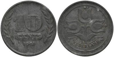 НИДЕРЛАНДЫ 10 ЦЕНТОВ 1942 ГЕРМАНСКАЯ ОККУПАЦИЯ, ВТОРАЯ МИРОВАЯ ВОЙНА KM 173 цинк 181-712