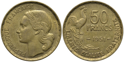 Франция 50 франков 1951 петух KM 918.1, LE FRANC 425.5 алюминиевая бронза 81-643
