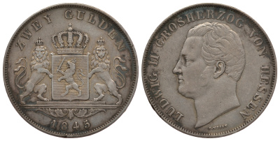 Гессен-Дармштадт 2 гульдена 1845 Людвиг II (1830-1848) KM 321, AKS 101, Jaeger 42, Davenport 704, Kahnt 262 серебро 00-809-07