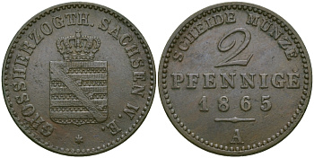 Саксен-Веймар-Эйзенах 2 пфеннига 1865 А, Карл Александр (1853-1901) KM 90, Jaeger 534, AKS 36 медь    65-551