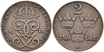 Швеция 2 эре 1928 Густав V (1907-1950) KM 778 бронза 63-1223
