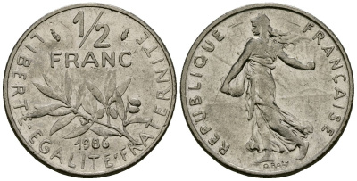 Франция 1/2 франка 1986 сеятель KM 931.1, Le Franc 198.25 никель 4135-732