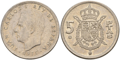 Испания 5 песет 1975 (79) Хуан Карлос I (1975-2014) KM 807 медно-никель 4155-636