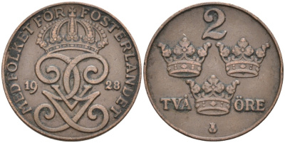 Швеция 2 эре 1928 Густав V (1907-1950) KM 778 бронза 63-1223