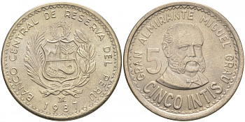Перу 5 инти 1987 Мигель Грау KM 300 медно-никель UNC 181-935