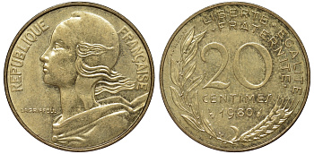 Франция 20 сантимов 1980 KM 930 медь алюминий никель 4543-546