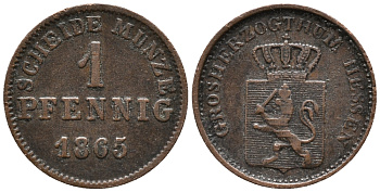 Гессен-Дармштадт 1 пфенниг 1865 Людвиг III (1848-1877) KM 337 медь 100-1248