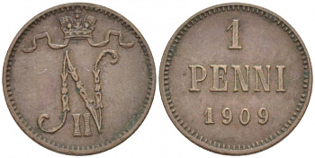 Россия для Финляндии 1 пенни 1909 Николай II (1894-1917) KM 13, Биткин 470 медь 4396-1312