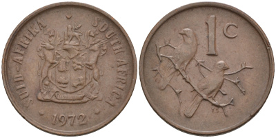 ЮАР 1 ЦЕНТ 1972 ГЕРБ, КАПСКИЕ ВОРОБЬИ KM 82 бронза 4588-1253