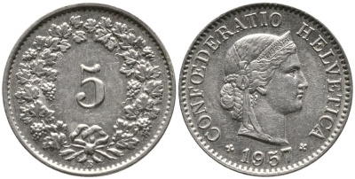 ШВЕЙЦАРИЯ 5 РАППЕНОВ 1957 KM 26 медно-никель 4528-642