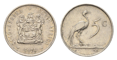 ЮАР 5 центов 1971 герб, райский журавль KM 84 никель 4643-216