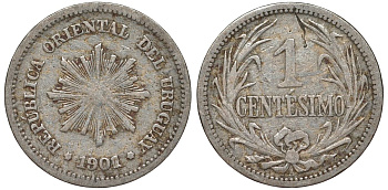 Уругвай 1 сентесимо 1901 KM 19 медно-никель 4169-561