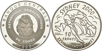 Конго 10 франков 1999 XXVII олимпийские игры в Сиднее, прыжки в воду KM 23 серебро PROOF 04-319-31