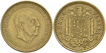 Испания 1 песета 1966 (74) Франсиско Франко (1939-1975) KM 796 алюминиевая бронза 4155-415