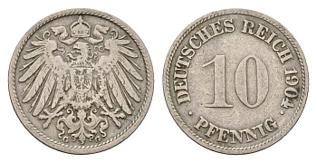 Германия 10 пфеннигов 1904 G, Вильгельм II (1888-1918) KM 12, J. 13 медно-никель 54-614