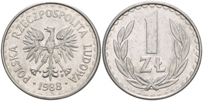 ПОЛЬША 1 ЗЛОТЫЙ 1988 MW KM 49.2 алюминий 4548-442