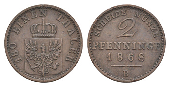 Пруссия 2 пфеннига 1868 B, Вильгельм I (1861-1888) KM 481, Jaeger 51, AKS 107, Olding 425 медь 4651-321