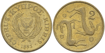 КИПР 2 ЦЕНТА 1983 KM 54.1 никель латунь 66-458