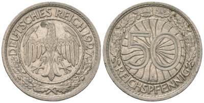 Германия 50 рейхспфеннигов 1927 A KM 49, J. 324 никель 4124-1216