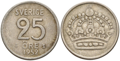 Швеция 25 эре 1952 TS, Густав VI Адольф (1950-1973) KM 824 серебро 4147-1025