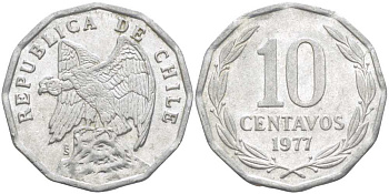 Чили 10 сентаво 1977 KM 205a алюминий 4402-416