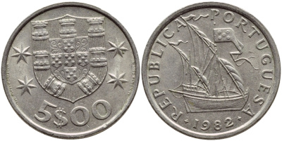 ПОРТУГАЛИЯ 5 ЭСКУДО 1982 ПАРУСНИК KM 591 медно-никель 4395-916