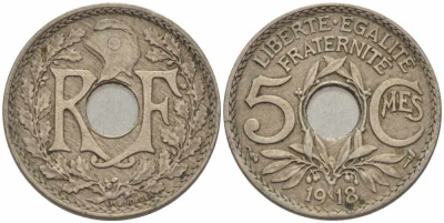 ФРАНЦИЯ 5 САНТИМОВ 1918 ТИП ЛИНДАЙЁ KM 865, LE FRANC 121.2 медно-никель 28-324