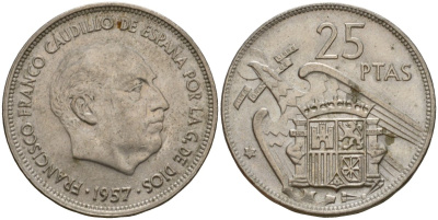 Испания 25 песет 1957 (69) KM 787 медно-никель 92-1215