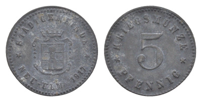 Ной-Ульм 5 пфеннигов 1917 Funck 378.1, Men18 23462.1 цинк 3955-464