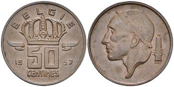 БЕЛЬГИЯ 50 САНТИМОВ 1957 BELGIE KM 149.1 бронза 4588-469