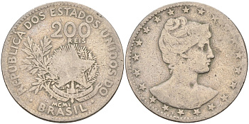 Бразилия 200 рейс 1901 голова свободы вправо KM 504 медно-никель 4589-1127