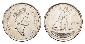 Канада 10 центов 1996 Елизавета II (1952-2022), парусник KM 183 никель UNC 4636-638