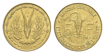 Западная Африка (BCEAO) 5 франков 1982 KM 2a медь алюминий никель UNC 4651-867