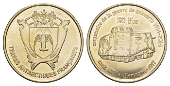 Французские Южные и Антарктические Территории (Амстердам) 50 франков 2014 танки Первой Мировой войны A7V - Германия 1917 медно-никель BU 1520-325