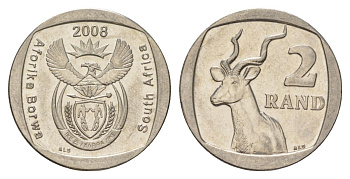ЮАР 2 ранда 2008 KM 445 медь плакированная никелем UNC 4628-225