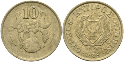 Кипр 10 центов 1988 KM 56.2 никель латунь 4141-1145