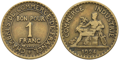 Франция 1 франк 1924 KM 876, Le Franc 218.5 алюминиевая бронза 4142-752