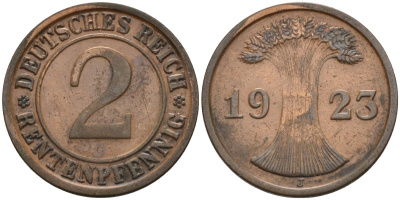 Германия 2 рентенпфеннига 1923 J, выпуск 1924 года KM 31, J.307, Weege 3 медь 4584-614