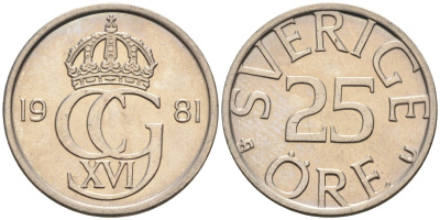 Швеция 25 эре 1981 Карл XVI Густав (1973- ) KM 851 медно-никель UNC 4585-515