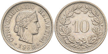 Швейцария 10 раппенов 1968 В KM 27 медно-никель 188-736