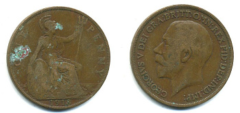 Великобритания 1 пенни 1913 Георг V (1910-1936) KM 810, Spink 4051 бронза 47-1241