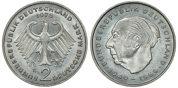 ФРГ 2 МАРКИ 1975 G, ТЕОДОР ХОЙС KM 127, J. 407 медно-никель плакированный никелем плакированный никелем UNC 72-553