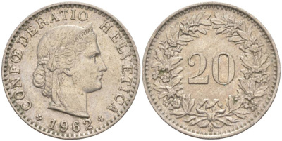 Швейцария 20 раппенов 1962 В KM 29a медно-никель 55-824