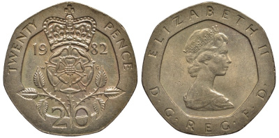Великобритания 20 пенсов 1982 Елизавета II (1952-2022) KM 931, Spink 4230 (G1) медно-никель 186-845