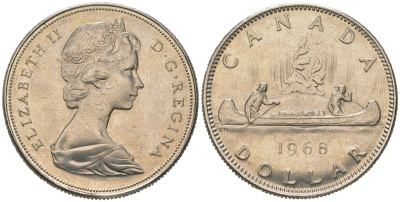 Канада 1 доллар 1968 Елизавета II (1952-2022), каноэ KM 76.1 никель UNC 114-224
